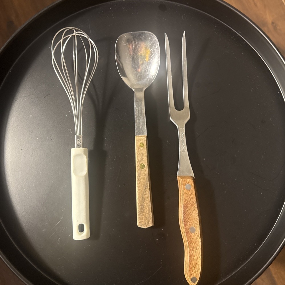 Vintage Interpur Kitchen Utensil Set Mixed Lot of 3 Wood Silver Whisk Spoon Fork